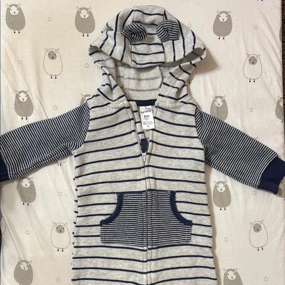 Carter's Navy and Gray Striped Hooded Romper